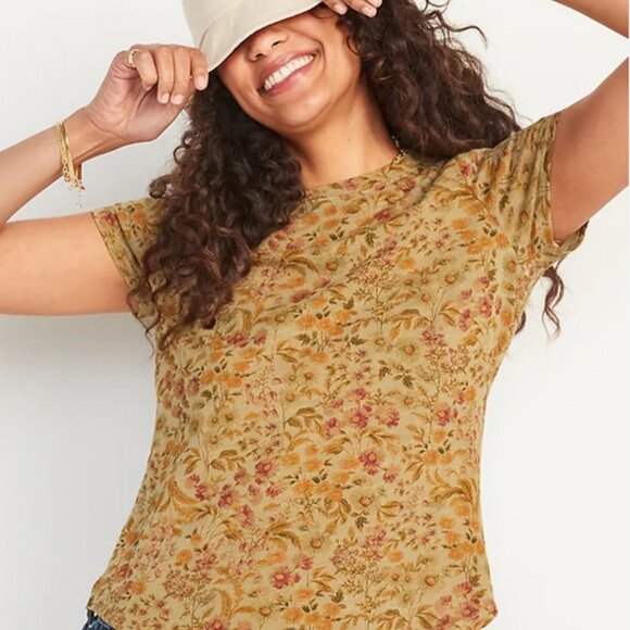 Old Navy EveryWear Floral-Print Scoop-Neck T-Shirt tan/green/yellow/red M NWT - Picture 1 of 12